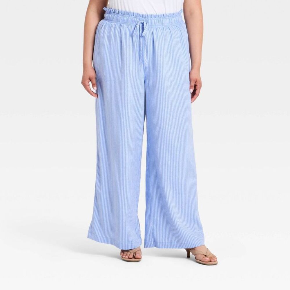 Women's Wide Leg Linen Pull-On Pants - Ava & Viv Blue Striped 3X